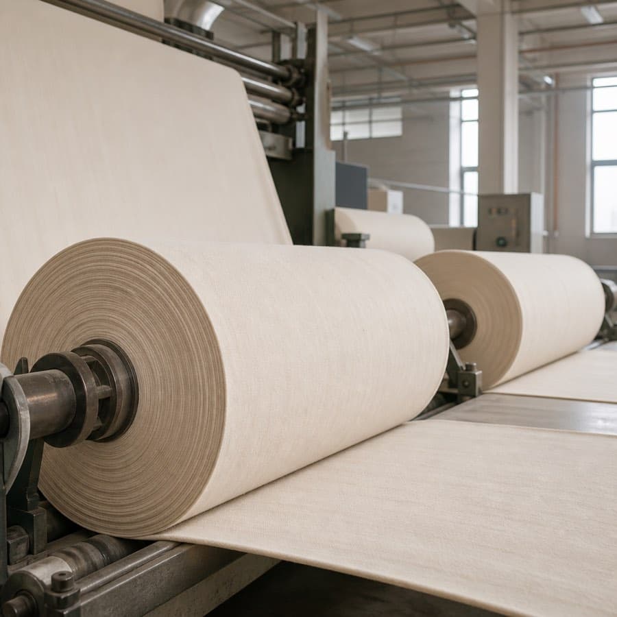 Textile mill machinery processing undyed fabric